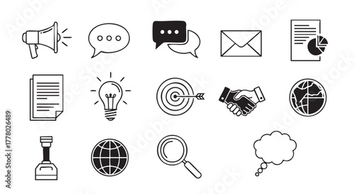 Set of six business communication and office related icons in outline style