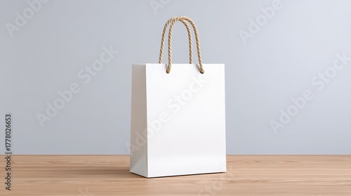 holiday gift for remote worker A simple white shopping bag on a wooden surface against a light backdrop.