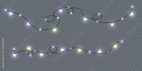 A colorful garland of lights with vibrant light effects. The realistic multicolored bulbs emit warm and cool light with subtle blurring and shimmer.