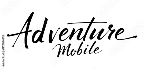 Handwritten inscription “Adventure Mobile” in elegant black ink calligraphy, isolated on transparent background