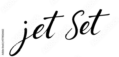 Handwritten inscription “Jet Set” in elegant black ink calligraphy, isolated on transparent background