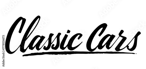 Handwritten inscription “Classic Cars” in elegant black ink calligraphy, isolated on transparent background