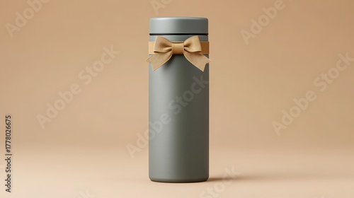 holiday gift for remote worker Stylish thermos with a bow detail against a neutral background.