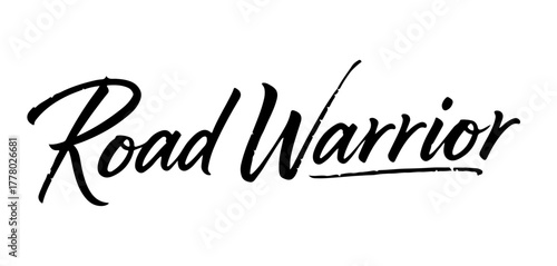 Handwritten inscription “Road Warrior” in expressive black ink calligraphy, isolated on transparent background
