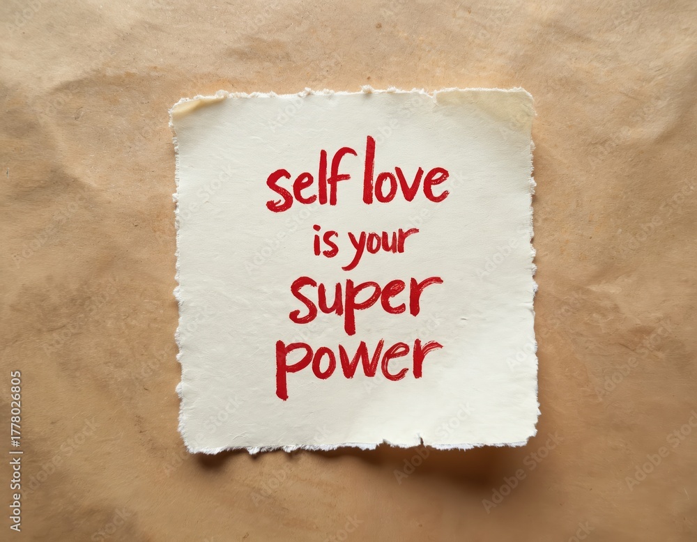 Fototapeta premium Text self love is your super power written with red ink on white paper. Message on a beige background. Positive affirmation for self development and well-being.