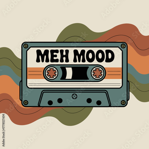 Retro cassette tape with the words meh mood in a vintage wavy stripe background evoking nostalgia and a feeling of indifference or mild dissatisfaction