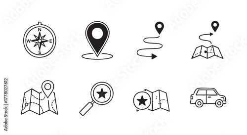 Travel adventure exploration icons set in simple black and white style