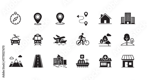 Travel and navigation icon set with various transportation methods