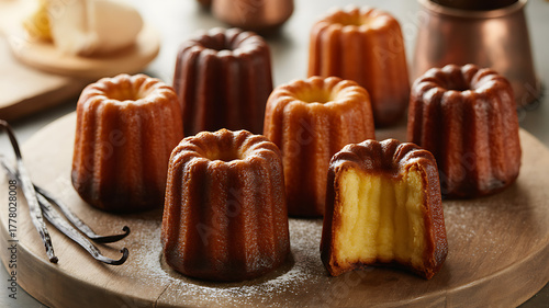 Canelés are miniature cylindrical pastries traditional to Aquitaine and French cuisine.