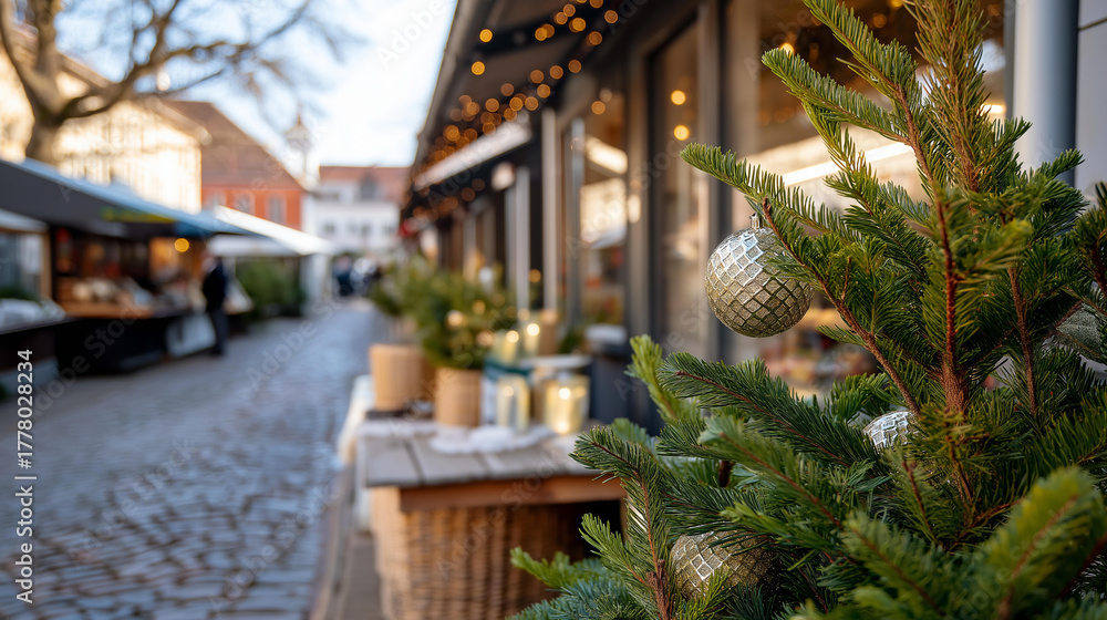 Fototapeta premium Decorated evergreen tree positioned at entrance of traditional market shop European cobblestone street vendor stalls extending into distance warm lighting from shop windows