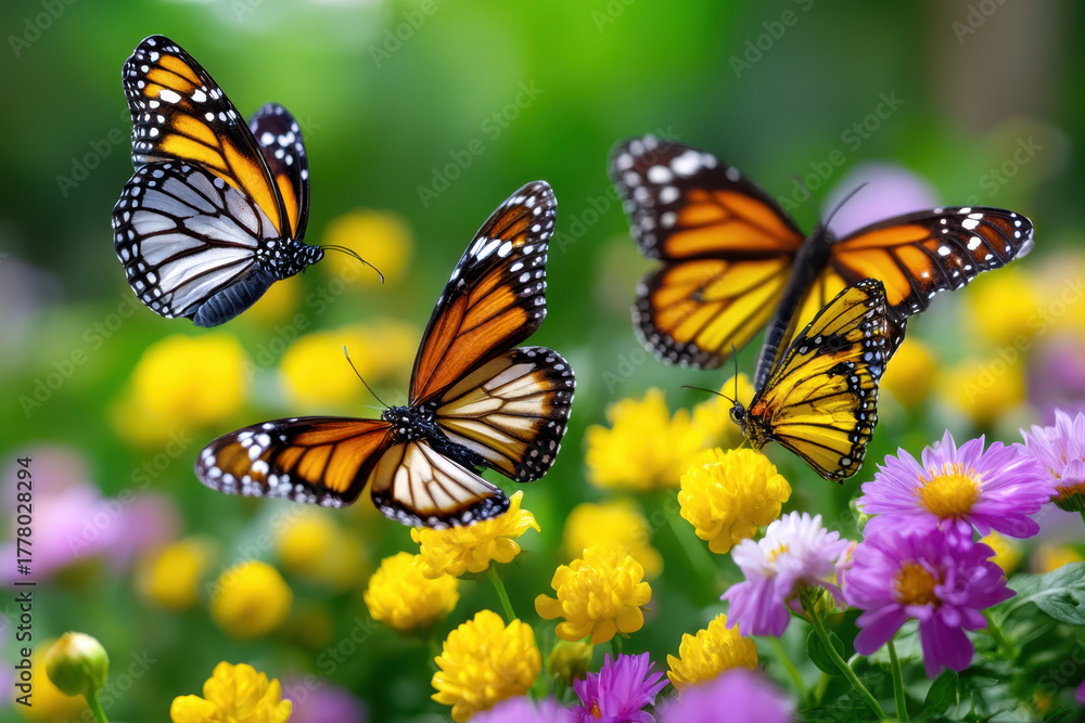 Fototapeta premium Vibrant monarch butterflies flying over colorful flowers in a lush garden