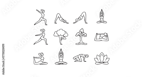 Various yoga poses line art wellness concept on white background