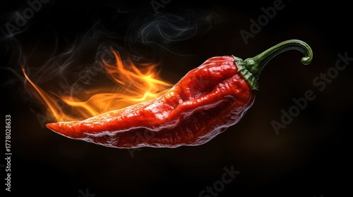 Red chili pepper in flames against black background