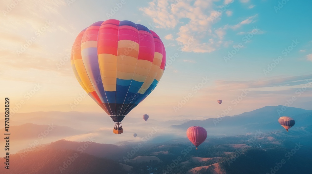 Obraz premium Colorful hot air balloons soar above misty mountains at sunrise