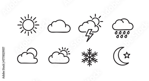 Weather icon set sun clouds and partly sunny in outline style