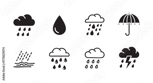 Weather Icons Set with Clouds and Raindrops in Vector Format