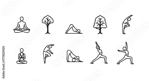 Yoga and nature icons symbolizing healthy lifestyle and spiritual practice