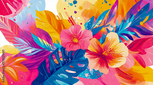 Vibrant Watercolor Tropical Floral Abstraction with Pink and Yellow Blooms Amidst Lush Blue and Purple Foliage and Dynamic Splatter Effects