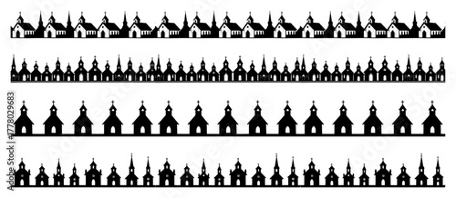 Church Silhouette Vector Border Set Collection of Religious Christian Chapel Dividers and Seamless Patterns