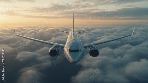 Obraz na płótnie Airplane soaring through clouds at sunset