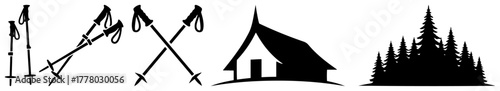 Mountain Hiking and Camping Icon Set Collection of Cabin Forest and Trekking Poles Silhouettes