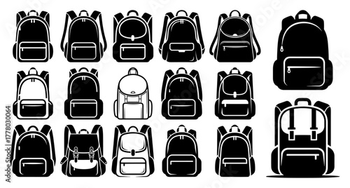 Set of Backpack and Rucksack Icons. School Bag and Travel Pack Vector Silhouette Collection.