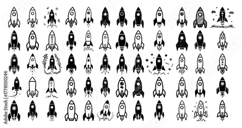 Large Collection of Rocket Ship Icons. Vector Doodle and Silhouette Spaceship Set for Startup and Space Exploration.
