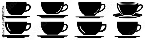 Set of Coffee Cup and Saucer Icons. Vector Black Silhouette for Cafe and Restaurant Menu.