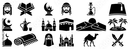 Islamic and Arabic Culture Glyph Icon Set Collection of Muslim Religion and Middle East Travel Symbols