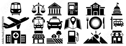 City Life and Public Services Glyph Icon Set Collection of Transportation and Urban Location Symbols