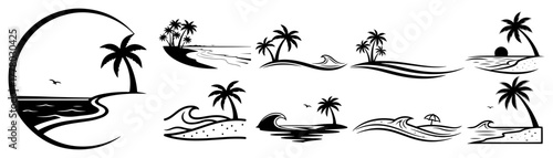 Tropical Beach and Palm Tree Logo Icon Set. Summer Island Vacation Vector Silhouette Collection.
