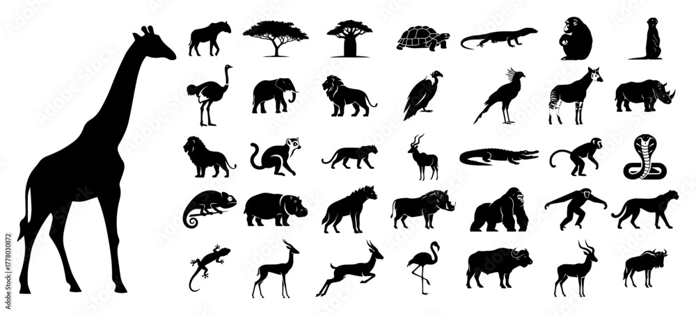 Obraz premium African Safari Animals Silhouette Set Wildlife Icons Vector Collection