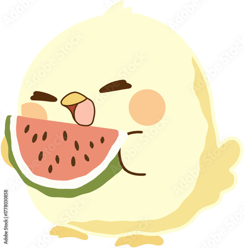 Adorable yellow chick eating a juicy slice of watermelon, cute cartoon bird illustration for summer and children’s design projects