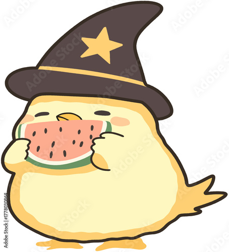 Cute yellow chick wearing a wizard hat and eating a slice of watermelon, adorable cartoon bird illustration for summer and Halloween design