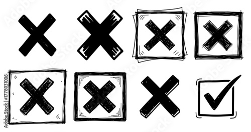 Hand Drawn X Marks And Check Sign Sketchy Boxes Doodle Vector Icons