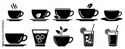 Set of Tea Cup and Iced Drink Icons. Vector Beverage Silhouette Collection for Cafe Menu.