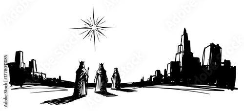 Three Wise Men Journey Under Star Of Bethlehem Nativity Scene Hand Drawn Christmas Vector