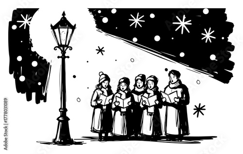Christmas Carolers Singing Under Street Lamp In Snow Hand Drawn Winter Holiday Vector Illustration