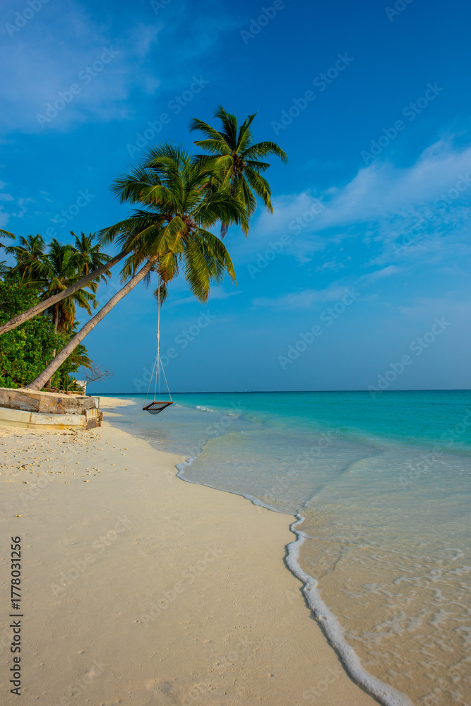 Fototapeta premium Tranquil closeup calm sea water waves with palm trees. Swing on the tree. Tropical island beach landscape exotic shore coast. Summer vacation, holiday amazing nature. Relax paradise, Maldives.
