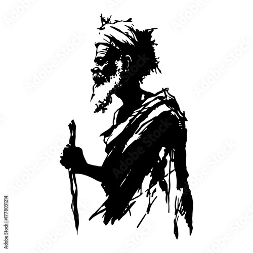Sketch of a Tribal Elder. Hand Drawn Vector Portrait of an Old Wise Man.