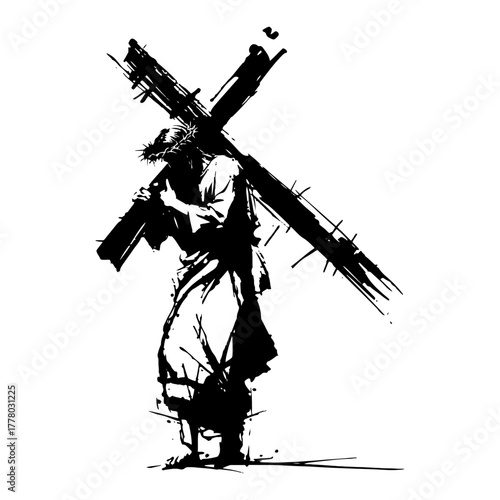 Jesus Carrying Cross Passion Of Christ Hand Drawn Sacred Vector Illustration
