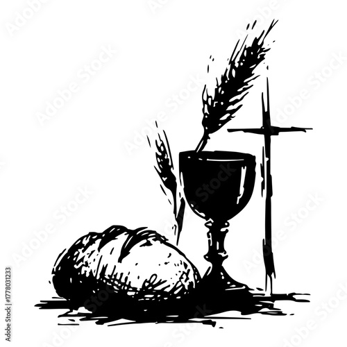 Holy Communion Symbols Bread Chalice Wheat And Cross Hand Drawn Christian Vector
