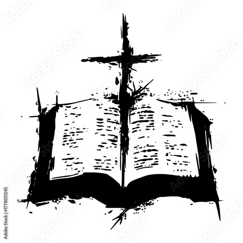 Open Bible With Cross Grunge Ink Sketch Christian Faith Vector Illustration