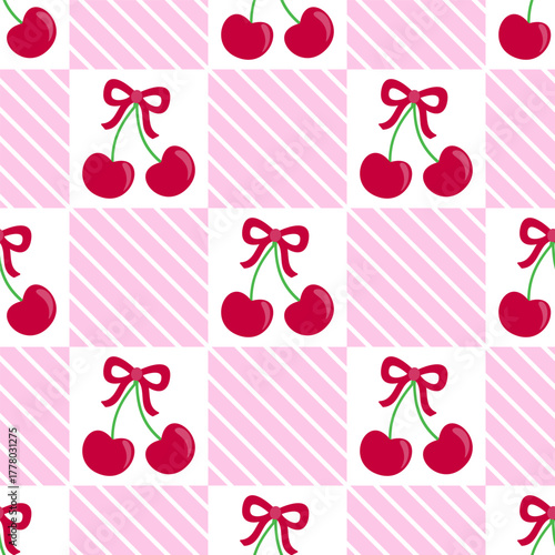 Checkered pink cherries seamless pattern. Vector background. Seamless texture for print, textile, fabric, tablecloth 