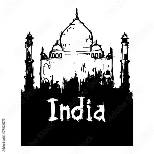 Taj Mahal Sketch with India Lettering. Famous Indian Landmark Vector Illustration.