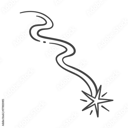 Drawing shooting space star with trails. Doodle icon of star moving through cosmic space. Sketch falling glide star vector illustration.