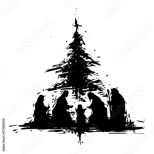Nativity Scene Under Christmas Tree Grunge Silhouette Vector Illustration