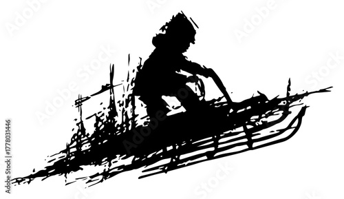 Child Riding Sled Winter Sport Grunge Silhouette Vector Illustration