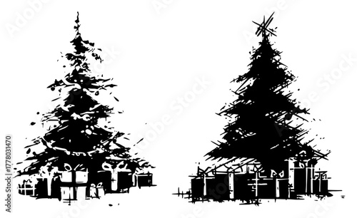 Grunge Christmas Tree with Gifts Vector Illustration Set Abstract Holiday Sketch