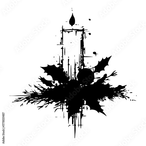 Grunge Christmas Candle with Holly Composition Vector Illustration Abstract Holiday Decoration
